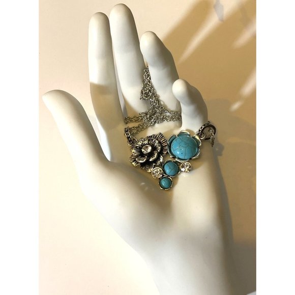 Silver Tone Western Rose Faux Turquoise Adjustable Statement Necklace Jewelry - Picture 11 of 11